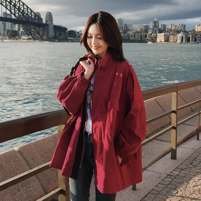 酒红色工装风衣短外套女2025春秋季新款流行宽松休闲显瘦夹克上衣图片