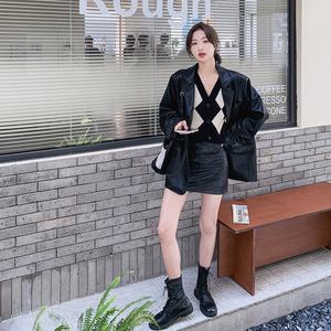 咖色复古PU皮西装外套2025新款女春美拉德复古酷飒高级感西服上衣图片