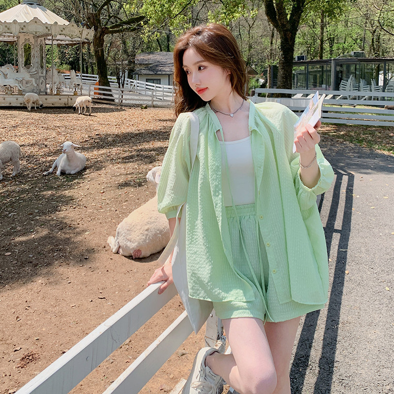 防晒服套装女2025年夏季新款简约纯色薄款宽松短裤防晒休闲两件套图片