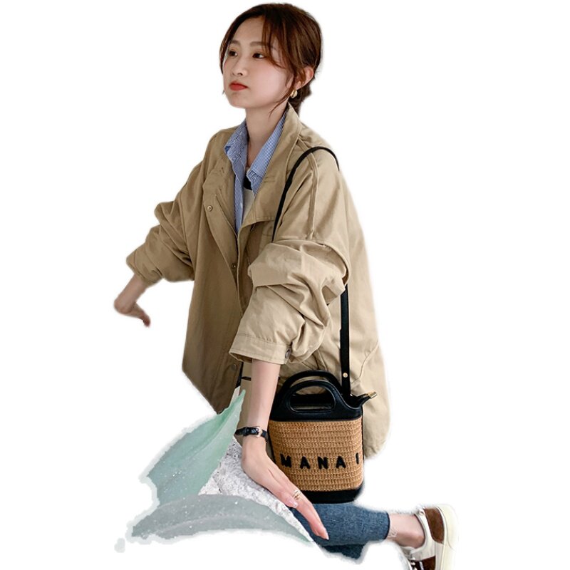 韩系工装风衣女宽松休闲oversize2025秋季新款设计感条纹里布外套,女装风衣,浙宝256