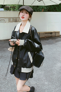 黑色炸街小个子皮衣外套女2025春新款韩版宽松时尚减龄棒球服夹克图片