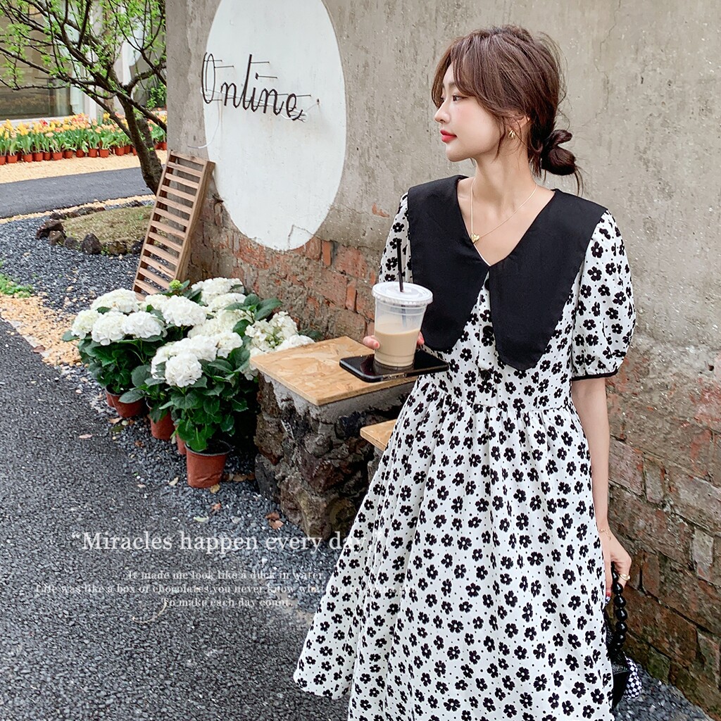 碎花连衣裙女夏娃娃领高级感法式宽松显瘦甜美初恋小个子裙子小众,女装连衣裙,浙宝256