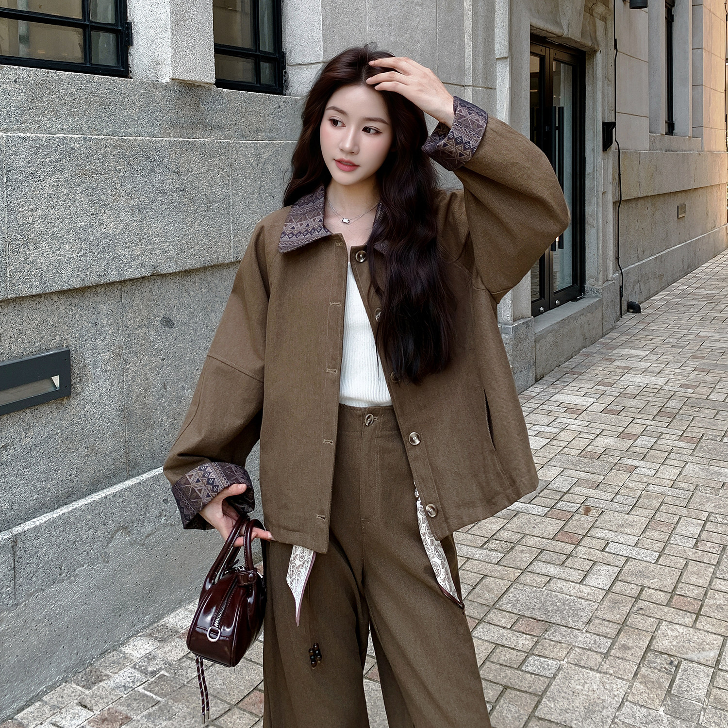 御姐范印花拼接外套直筒裤套装女2025秋季新款港风复古时尚两件套,女装套装/套裙,浙宝256
