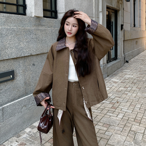 御姐范印花拼接外套直筒裤套装女2025秋季新款港风复古时尚两件套图片