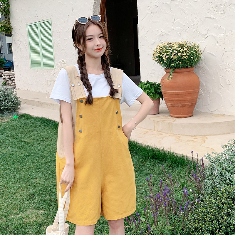 已现货2023夏新款拼色背带裤短裤宽松棉X379-P105-控158，女装休闲裤，浙宝256