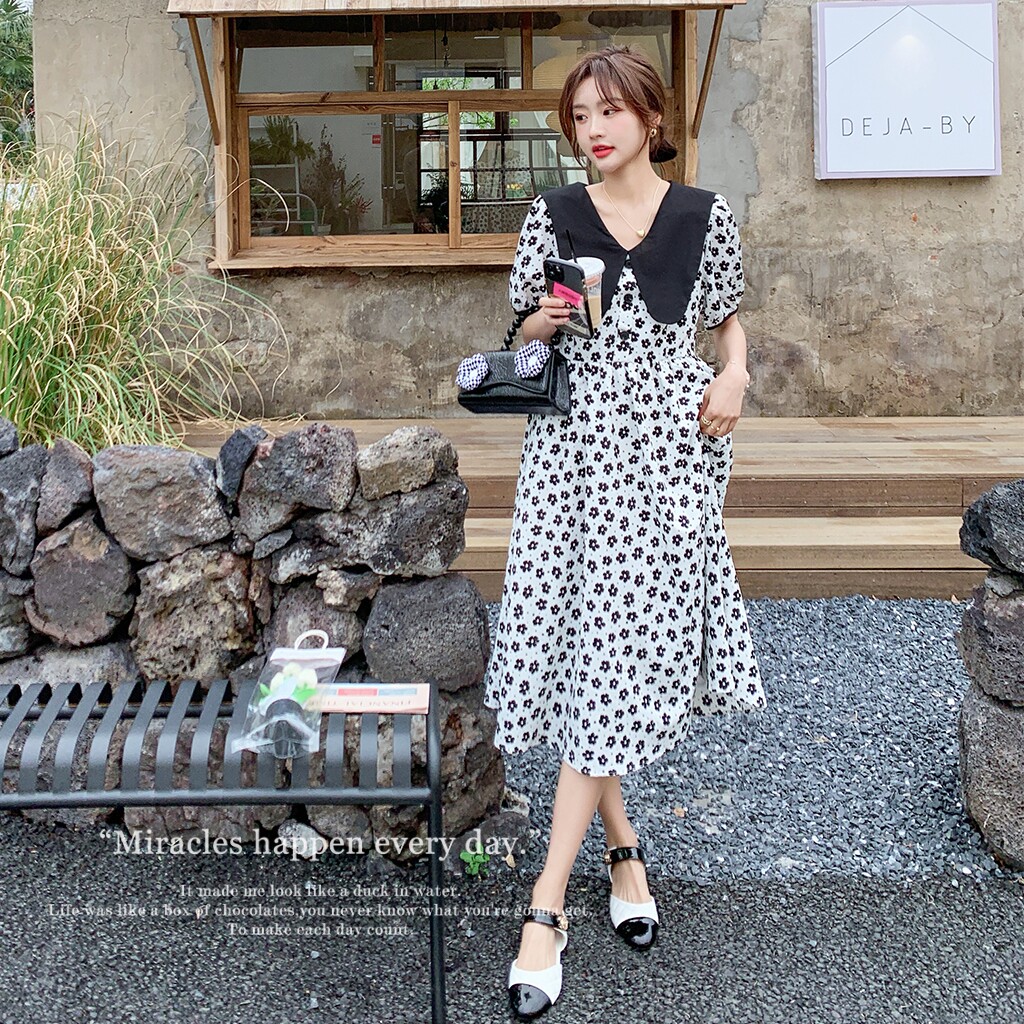 碎花连衣裙女夏娃娃领高级感法式宽松显瘦甜美初恋小个子裙子小众,女装连衣裙,浙宝256