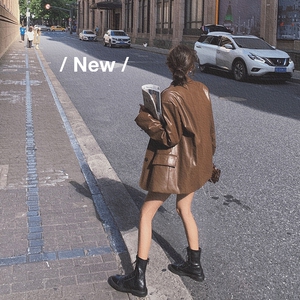 咖色复古PU皮西装外套2025新款女春美拉德复古酷飒高级感西服上衣图片