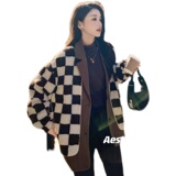 韩系设计感棋盘格拼接羊羔毛外套女冬季新款西装领格纹棉衣加厚潮，女装棉衣/棉服，浙宝256