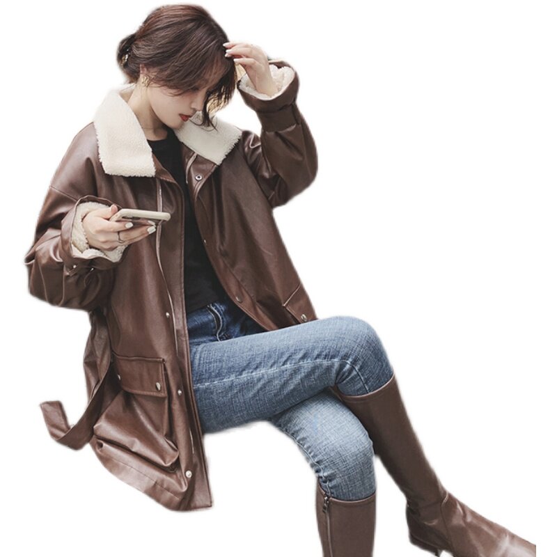 小个子羊羔毛机车pu皮衣派克服女2025年冬季新款加绒加厚外套,女装派克服,浙宝256