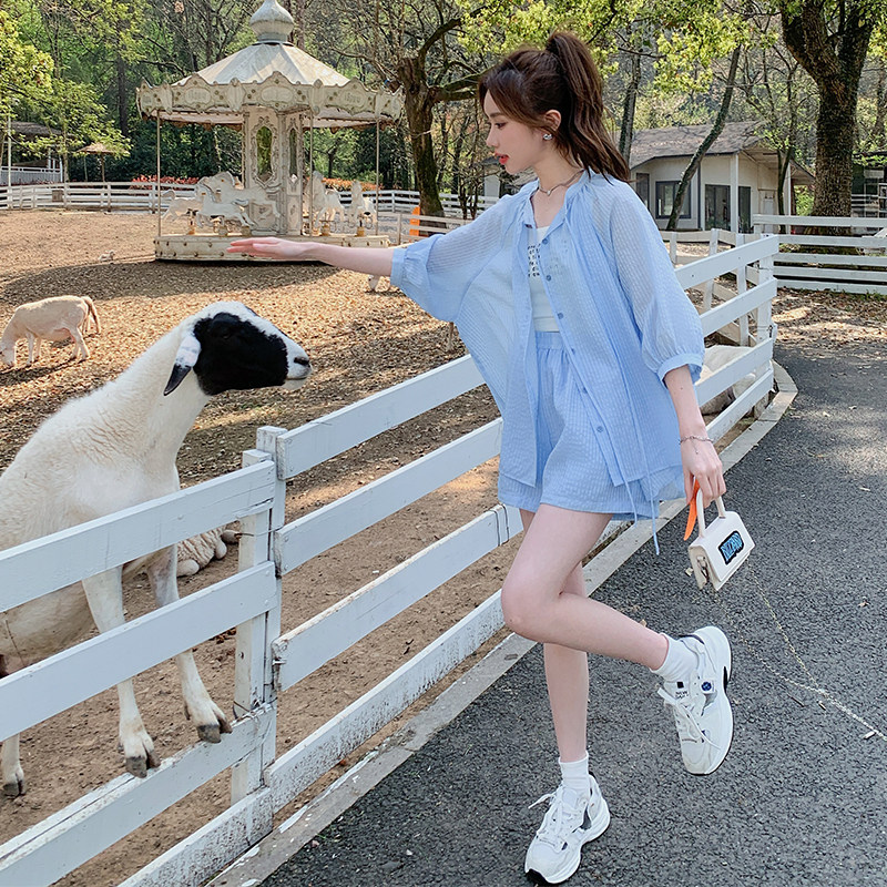 防晒服套装女2025年夏季新款简约纯色薄款宽松短裤防晒休闲两件套，女装套装/套裙，浙宝256