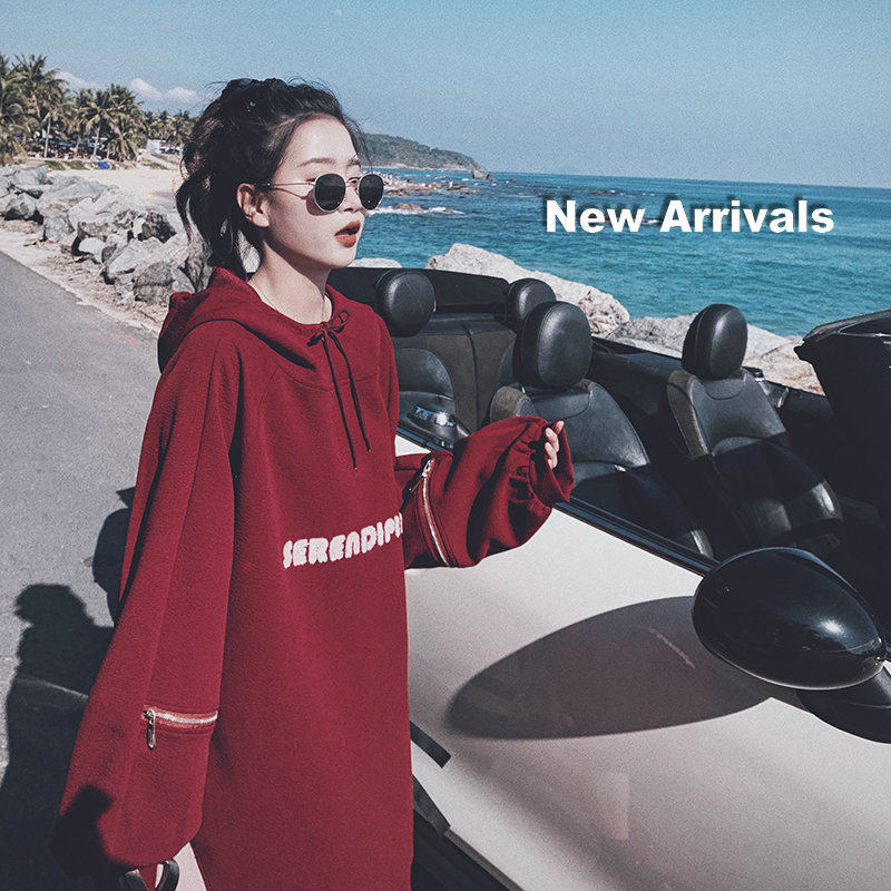 现货2023秋连帽长款卫衣裙酒红C127-P120-控178，女装卫衣/绒衫，浙宝256