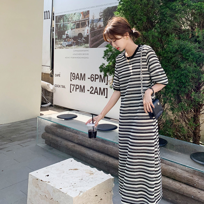经典黑白条纹长袖连衣裙女2024秋新款高级感遮肚显瘦T恤卫衣长裙,女装连衣裙,浙宝256