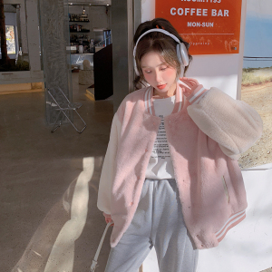 档口现货 2023冬 粉色兔毛外套棒球服 D721-P145-控228图片