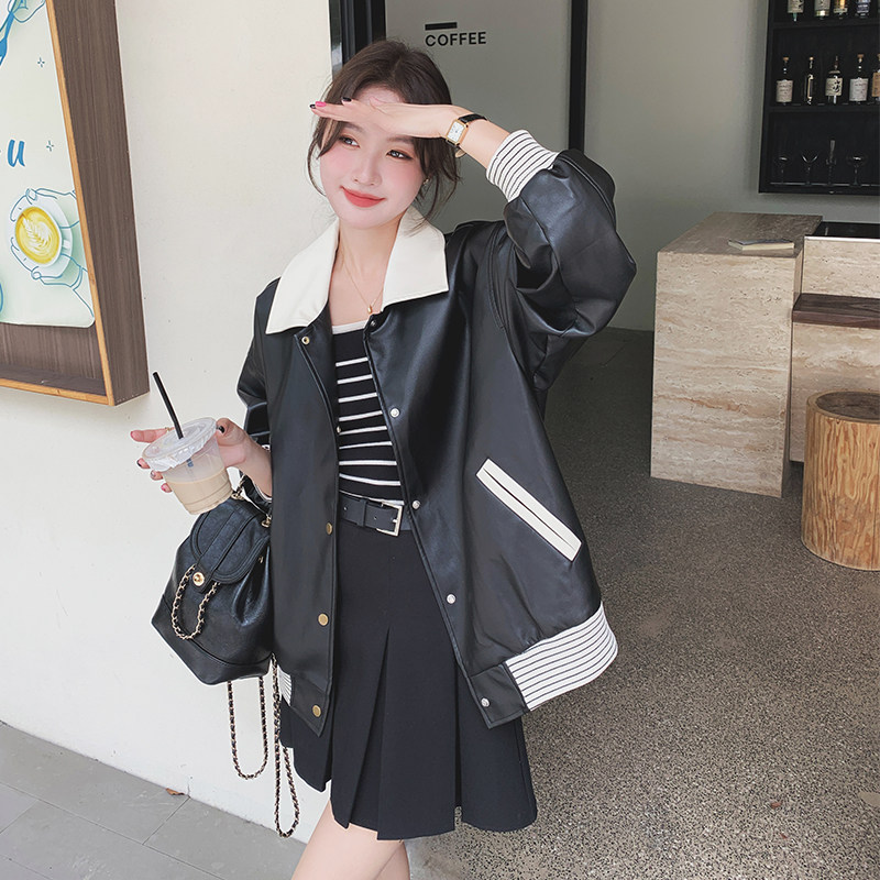 黑色炸街小个子皮衣外套女2025春新款韩版宽松时尚减龄棒球服夹克,女装皮衣,浙宝256