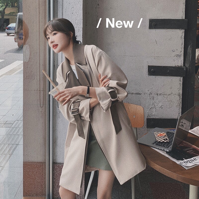 增XS现货2022秋中长款风衣假两件双层领Q555-P150-控208,女装风衣,浙宝256