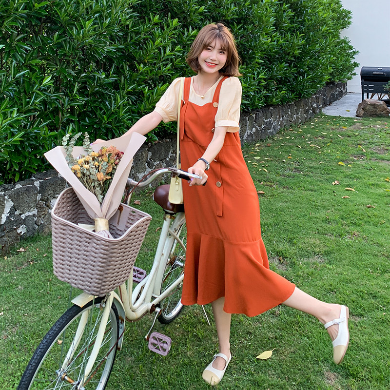 现货2025夏橘色拼色假两件连衣裙长裙X358-P110-控168，女装连衣裙，浙宝256