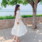 初恋雪纺V领连衣裙女2024夏季新款法式温柔风海边度假收腰仙女裙，女装连衣裙，浙宝256