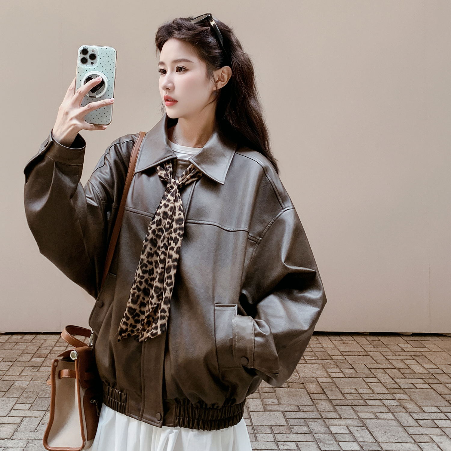 棕色美式复古皮衣外套女2025秋季新款美拉德穿搭小个子机车皮夹克，女装皮衣，浙宝256