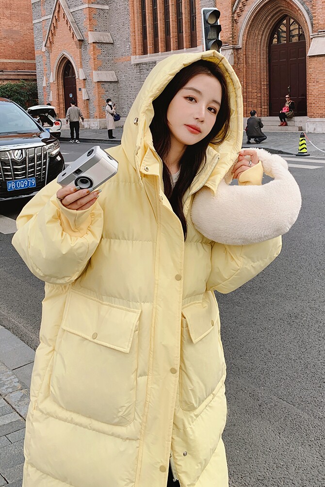 档口已现货2023冬新款黄色长款连帽棉服D722-P190-控278,女装棉衣/棉服,浙宝256