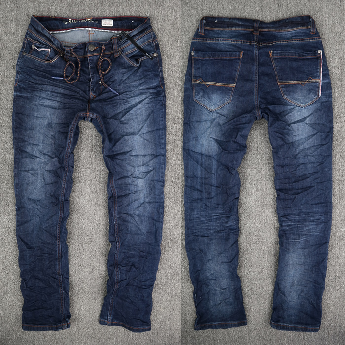 中腰细腿小直脚褶皱柔软牛仔裤