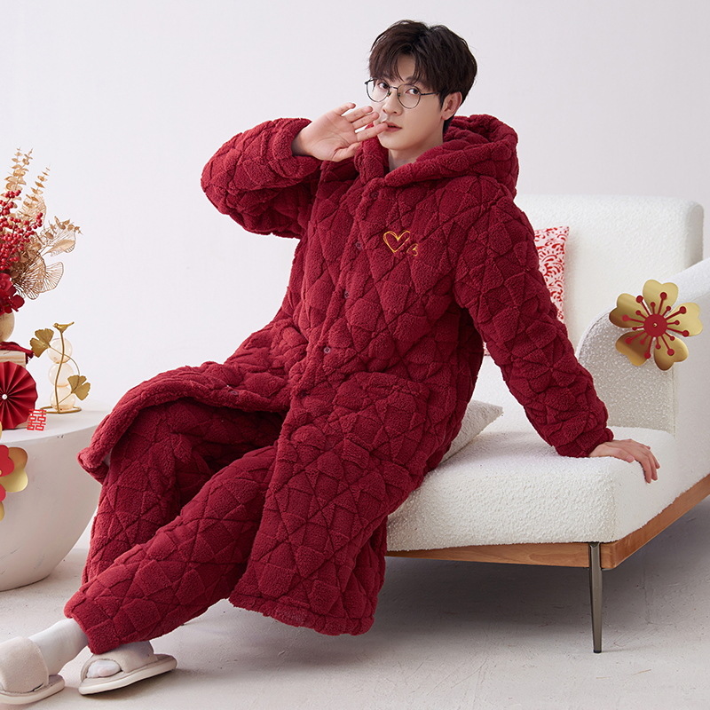 男士睡衣秋冬款珊瑚绒三层夹棉加厚加绒冬季大红色保暖家居服套装