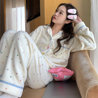 睡衣女秋冬季珊瑚绒2025新款波点可爱卡通法兰绒加绒加厚套装