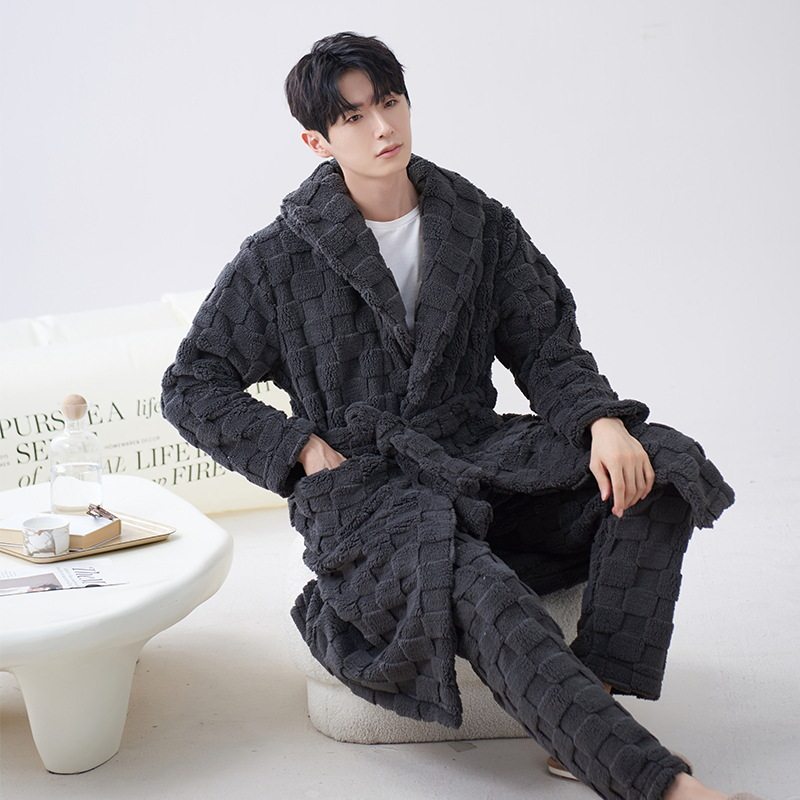 男士睡衣男款冬季珊瑚绒秋冬款加绒加厚法兰绒男式随和家居服睡袍