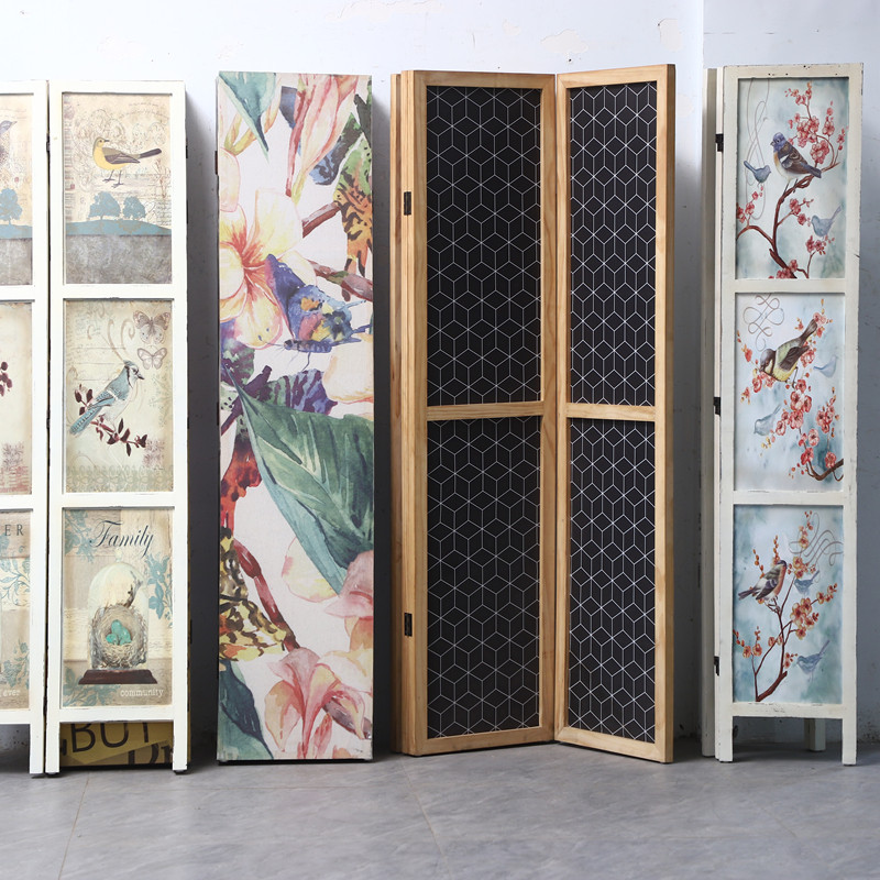 孤品集合--美式乡村风格复古隔断墙装饰图画屏风油画布三折屏座屏
