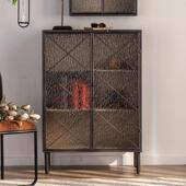 美式 实木餐边柜水纹玻璃柜门铁艺黑色装 饰柜落地家用客厅复古酒柜
