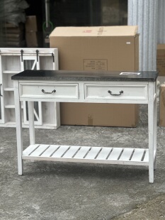 超特价！外贸原单美式乡村风木质复古铁艺三抽屉长条桌书桌中岛台