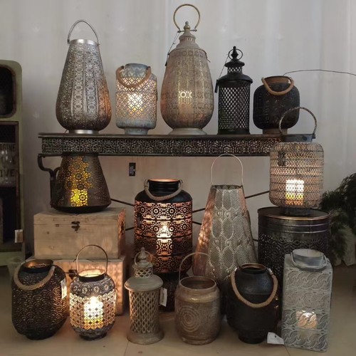 孤品集合--复古仿铜摩洛哥风格家居民宿软装做旧铁艺风灯烛台摆件