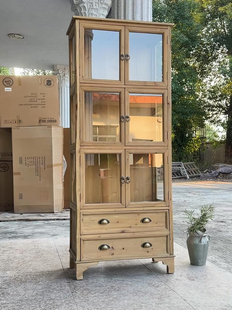 外贸出口乡村风格 复古做旧实木玻璃门展示柜酒柜收纳柜陈列柜书柜