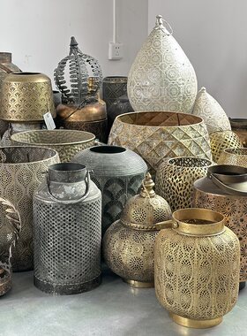 孤品集合--复古仿铜摩洛哥风格家居民宿软装做旧铁艺风灯烛台摆件