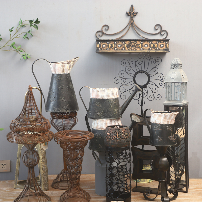外贸展会样品孤品家居庭院装饰品铁艺木质做旧园艺杂货摆件工艺品
