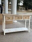 超特价 外贸原单实木复古三抽屉天然草编手工艺长条桌书桌中岛台