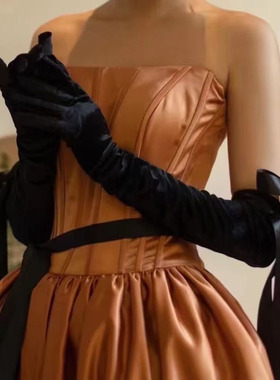 复古黑色珍珠蝴蝶结丝绒长手套名媛晚宴会礼服新娘拍照结婚纱配饰