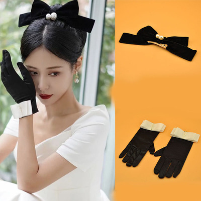 黑色手工串珠珍珠丝绒蝴蝶结发夹头饰婚礼新娘发饰婚纱手套配饰品