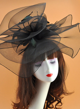 模特发饰走秀夸张复古网纱羽毛头饰超大马会礼帽造型舞台表演发夹