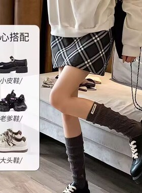 ins潮秋冬季黑色小腿袜女长筒纯色堆堆袜子外穿百搭配小皮鞋长袜