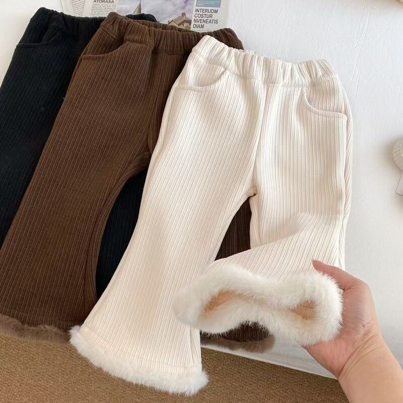女童秋冬加绒白色喇叭中裤