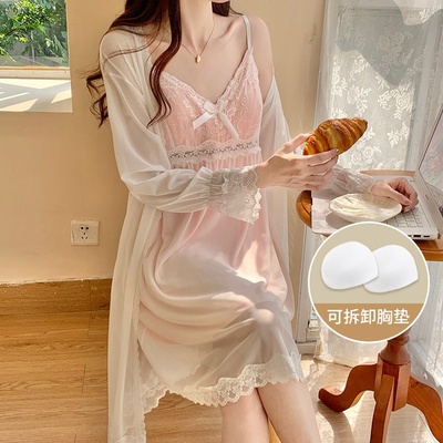 春秋莫代尔网纱睡袍睡裙两件套
