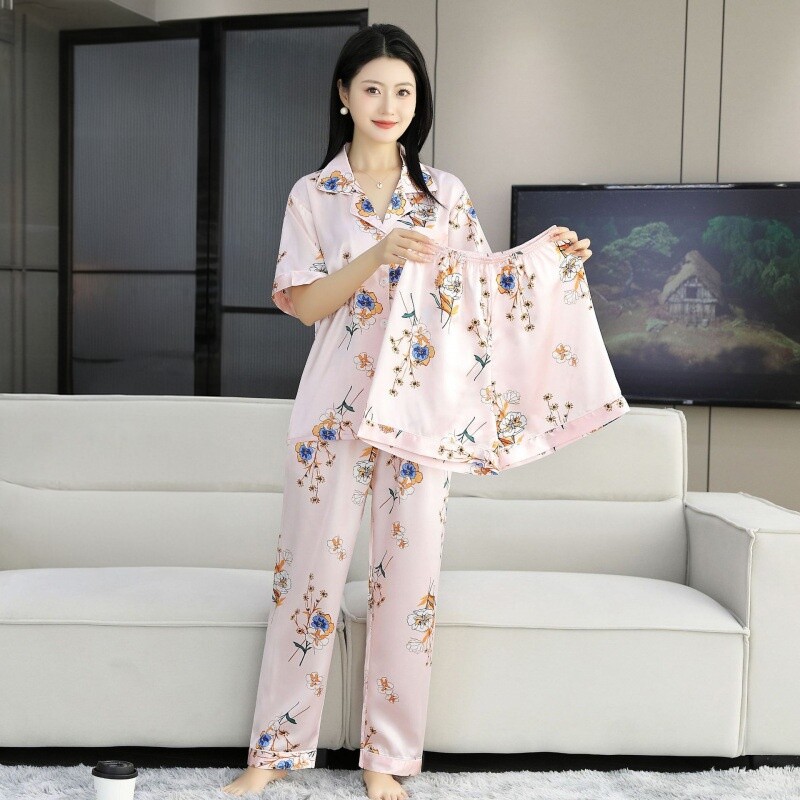 睡衣女夏冰丝薄款翻领短袖长裤三件套可外穿家居服夏季轻奢长袖