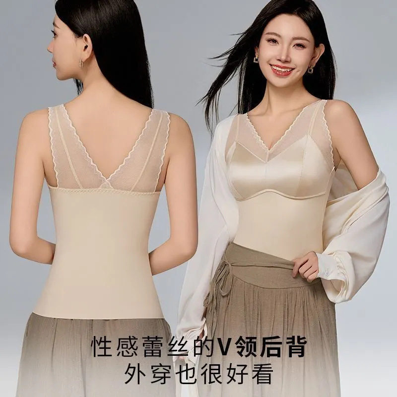 冰丝无痕缎面背心女吊带带胸垫文胸一体式纯色蕾丝打底上衣内搭夏