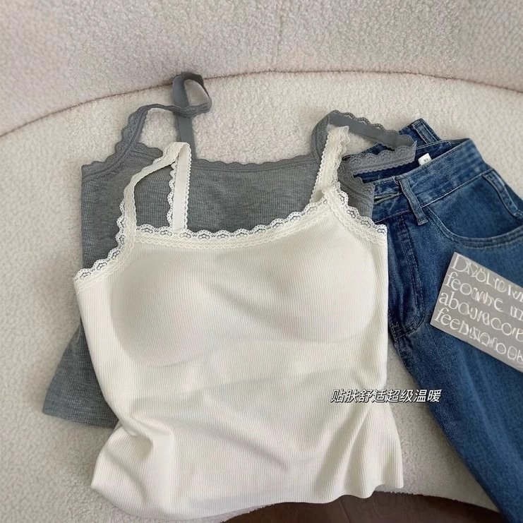 纯欲风韩系ins风螺纹吊带背心女内搭带胸垫蕾丝抹胸打底无痕上衣