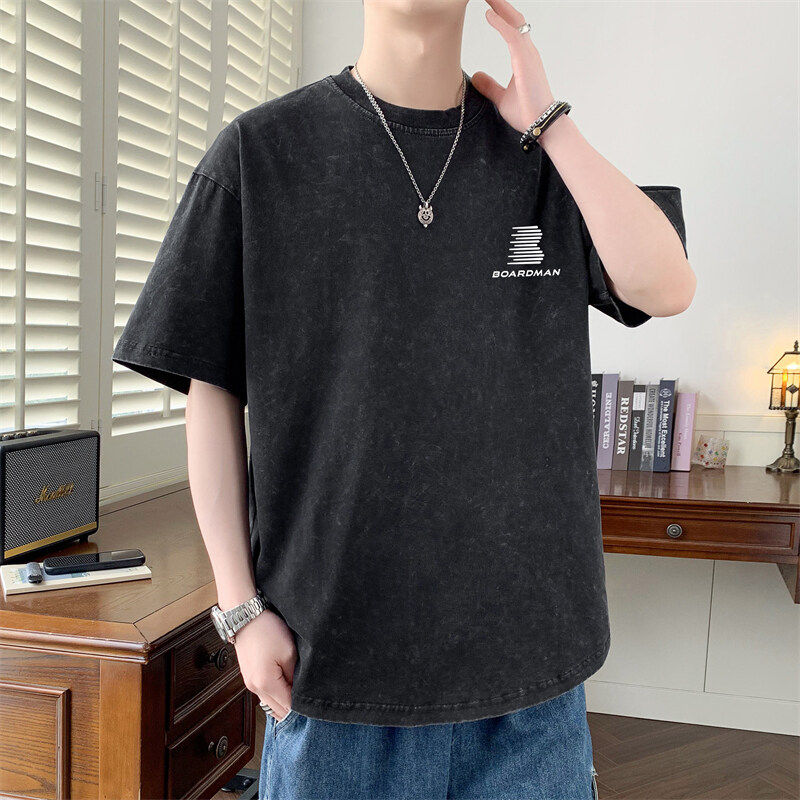 TX88602 P45男士夏季青年水洗做旧炒花针织牛仔半袖宽松T恤男短袖