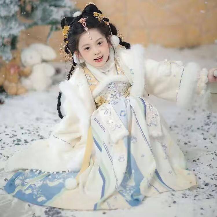 女童汉服襦裙冬季儿童古风超仙唐装加绒连衣裙斗篷套装女孩拜年服