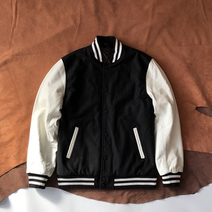 高级男女棒球服头层牛皮袖 毛呢加棉短外套真皮休闲机车夹克男立领