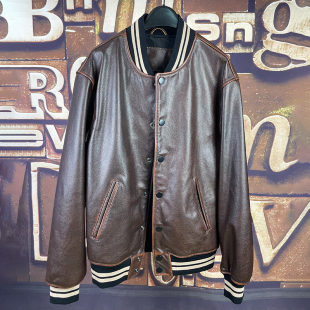 高级复古做旧真皮皮衣男茶芯头层小牛皮夹克修身 刺绣棒球服短外套
