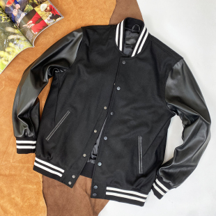 上衣真皮棒球服 日系机车皮衣修身 高级羊皮袖 夹克黑色毛呢外套男士