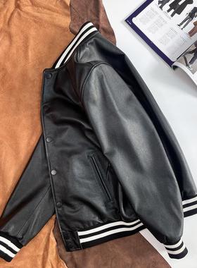 高级小牛皮皮衣男真皮棒球服休闲夹克青年纯色皮外套日系帅气上衣